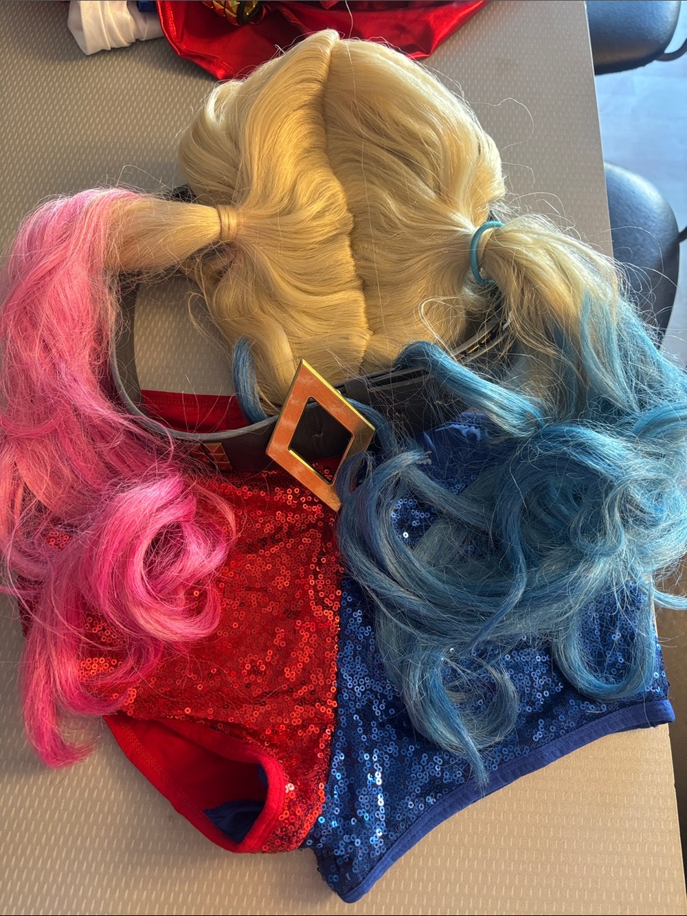 Harley Quinn Blonde Wig with Pink and Blue Pigtails Costume